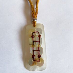 Vintage 90s Earthy Square Mother of Pearl Shell Architecture Velvet Necklace